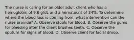 The nurse is caring for an older adult client who has a hemoglobin of 9.6 g/dL and a hematocrit of 34%. To determine where the blood loss is coming from, what intervention can the nurse provide? A. Observe stools for blood. B. Observe the gums for bleeding after the client brushes teeth. C. Observe the sputum for signs of blood. D. Observe client for facial droop.