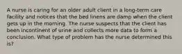 A nurse is caring for an older adult client in a long-term care facility and notices that the bed linens are damp when the client gets up in the morning. The nurse suspects that the client has been incontinent of urine and collects more data to form a conclusion. What type of problem has the nurse determined this is?