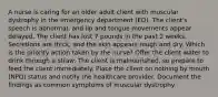 A nurse is caring for an older adult client with muscular dystrophy in the emergency department (ED). The client's speech is abnormal, and lip and tongue movements appear delayed. The client has lost 7 pounds in the past 2 weeks. Secretions are thick, and the skin appears rough and dry. Which is the priority action taken by the nurse? Offer the client water to drink through a straw. The client is malnourished, so prepare to feed the client immediately. Place the client on nothing by mouth (NPO) status and notify the healthcare provider. Document the findings as common symptoms of muscular dystrophy.