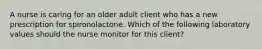 A nurse is caring for an older adult client who has a new prescription for spironolactone. Which of the following laboratory values should the nurse monitor for this client?