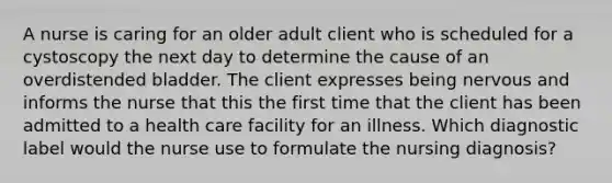 A nurse is caring for an older adult client who is scheduled for a cystoscopy the next day to determine the cause of an overdistended bladder. The client expresses being nervous and informs the nurse that this the first time that the client has been admitted to a health care facility for an illness. Which diagnostic label would the nurse use to formulate the nursing diagnosis?