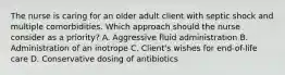 The nurse is caring for an older adult client with septic shock and multiple comorbidities. Which approach should the nurse consider as a priority​? A. Aggressive fluid administration B. Administration of an inotrope C. ​Client's wishes for​ end-of-life care D. Conservative dosing of antibiotics