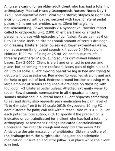 A nurse is caring for an older adult client who has had a total hip arthroplasty. Medical History Osteoporosis Nurses' Notes Day 1 1750, post-operative note: Vital signs stable; staples to right THA incision covered with gauze, secured with tape. Bilateral pedal pulses +2, lower extremities warm. Client lethargic, no nausea/vomiting. Bowel sounds x 4 hypoactive, transfer report called to orthopedic unit. 2300: Client alert and oriented to person and place with episodes of confusion. Rates pain as 6 on 0 to 10 scale. Incision site has small amount of serous drainage on dressing. Bilateral pedal pulses +2, lower extremities warm; no nausea/vomiting; bowel sounds x 4 active 0.45% sodium chloride 1000 mL infusing at 75 mL via continuous to left forearm peripheral IV site. Lung sounds diminished bilateral bases. Day 2 0600: Client is alert and oriented to person and place, but becoming more confused. Rates pain of right hip as 7 on 0 to 10 scale. Client moving operative leg in bed and trying to get up without assistance. Reminded to keep leg straight and ask for help to get out of bed. Redness around incision dressing with large amount of serous sanguineous drainage on dressing with foul odor. +2 bilateral pedal pulses. Affected extremity warm to touch. Bowel sounds normoactive in all 4 quadrants. Lung sounds diminished in bilateral bases. Client requests something to eat and drink; also requests pain medication for pain level of "3 to 6 maybe" on 0 to 10 scale 0615: Oxycodone 10 mg PO administered for pain; call bell within reach, side rails X 2 up. For each potential precaution, click to specify if the precaution is indicated or contraindicated for a client who has had a total hip arthroplasty. Assessment Findings Indicated Contraindicated Encourage the client to cough and deep breathe every 2 hr. Anticipate the administration of antibiotics. Obtain a culture of the drainage from the surgical site. Request an antiemetic medication. Ensure an abductor pillow is in place while the client is in bed.