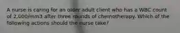 A nurse is caring for an older adult client who has a WBC count of 2,000/mm3 after three rounds of chemotherapy. Which of the following actions should the nurse take?