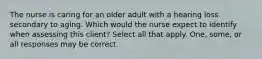 The nurse is caring for an older adult with a hearing loss secondary to aging. Which would the nurse expect to identify when assessing this client? Select all that apply. One, some, or all responses may be correct.