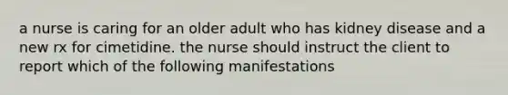 a nurse is caring for an older adult who has kidney disease and a new rx for cimetidine. the nurse should instruct the client to report which of the following manifestations