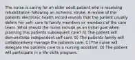 The nurse is caring for an older adult patient who is receiving rehabilitation following an ischemic stroke. A review of the patients electronic health record reveals that the patient usually defers her self- care to family members or members of the care team. What should the nurse include as an initial goal when planning this patients subsequent care? A) The patient will demonstrate independent self-care. B) The patients family will collaboratively manage the patients care. C) The nurse will delegate the patients care to a nursing assistant. D) The patient will participate in a life skills program.