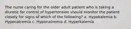 The nurse caring for the older adult patient who is taking a diuretic for control of hypertension should monitor the patient closely for signs of which of the following? a. Hypokalemia b. Hypocalcemia c. Hyponatremia d. Hyperkalemia