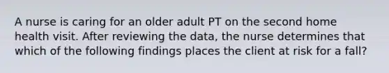 A nurse is caring for an older adult PT on the second home health visit. After reviewing the data, the nurse determines that which of the following findings places the client at risk for a fall?