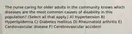 The nurse caring for older adults in the community knows which diseases are the most common causes of disability in this population? (Select all that apply.) A) Hypertension B) Hyperlipidemia C) Diabetes mellitus D) Rheumatoid arthritis E) Cardiovascular disease F) Cerebrovascular accident