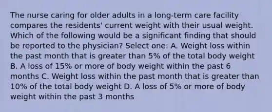 The nurse caring for older adults in a long-term care facility compares the residents' current weight with their usual weight. Which of the following would be a significant finding that should be reported to the physician? Select one: A. Weight loss within the past month that is greater than 5% of the total body weight B. A loss of 15% or more of body weight within the past 6 months C. Weight loss within the past month that is greater than 10% of the total body weight D. A loss of 5% or more of body weight within the past 3 months