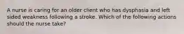 A nurse is caring for an older client who has dysphasia and left sided weakness following a stroke. Which of the following actions should the nurse take?