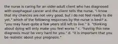 the nurse is caring for an older-adult client who has diagnosed with esophageal cancer and the client tells the nurse, "i know that my chances are not very good, but i do not feel ready to die yet." which of the following responses by the nurse is best? a. "you may have quite a few years still left to live." b. "thinking about dying will only make you feel worse." c. "having this new diagnosis must be very hard for you." d. "it is important that you be realistic about your prognosis."