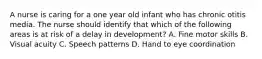 A nurse is caring for a one year old infant who has chronic otitis media. The nurse should identify that which of the following areas is at risk of a delay in development? A. Fine motor skills B. Visual acuity C. Speech patterns D. Hand to eye coordination