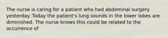 The nurse is caring for a patient who had abdominal surgery yesterday. Today the patient's lung sounds in the lower lobes are diminished. The nurse knows this could be related to the occurrence of