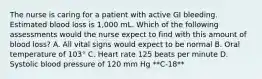 The nurse is caring for a patient with active GI bleeding. Estimated blood loss is 1,000 mL. Which of the following assessments would the nurse expect to find with this amount of blood loss? A. All vital signs would expect to be normal B. Oral temperature of 103° C. Heart rate 125 beats per minute D. Systolic blood pressure of 120 mm Hg **C-18**