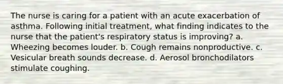 The nurse is caring for a patient with an acute exacerbation of asthma. Following initial treatment, what finding indicates to the nurse that the patient's respiratory status is improving? a. Wheezing becomes louder. b. Cough remains nonproductive. c. Vesicular breath sounds decrease. d. Aerosol bronchodilators stimulate coughing.