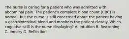 The nurse is caring for a patient who was admitted with abdominal pain. The patient's complete blood count (CBC) is normal, but the nurse is still concerned about the patient having a gastrointestinal bleed and monitors the patient closely. Which cognitive skill is the nurse displaying? A. Intuition B. Reasoning C. Inquiry D. Reflection