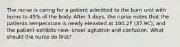 The nurse is caring for a patient admitted to the burn unit with burns to 45% of the body. After 3 days, the nurse notes that the patients temperature is newly elevated at 100.2F (37.9C), and the patient exhibits new- onset agitation and confusion. What should the nurse do first?