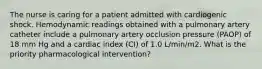 The nurse is caring for a patient admitted with cardiogenic shock. Hemodynamic readings obtained with a pulmonary artery catheter include a pulmonary artery occlusion pressure (PAOP) of 18 mm Hg and a cardiac index (CI) of 1.0 L/min/m2. What is the priority pharmacological intervention?