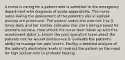 A nurse is caring for a patient who is admitted to the emergency department with diagnosis of acute appendicitis. The nurse notes during the assessment of the patient's ribs in xiphoid process are prominent. The patient states she exercise 2 to 3 times daily and her mother indicates that she's being treated for anorexia nervosa. How should the nurse best follow up with this assessment data? a. Inform the post operative team about the patients risk for wound dishiscence b. Evaluate the patient's ability to manage her pain level c. Facility a detailed analysis of the patient's electrolyte levels d. Instruct the patient on the need for high sodium diet to promote healing