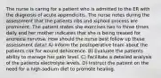 The nurse is caring for a patient who is admitted to the ER with the diagnosis of acute appendicitis. The nurse notes during the assessment that the patients ribs and xiphoid process are prominent. The patient states she exercises two to three times daily and her mother indicates that she is being treated for anorexia nervosa. How should the nurse best follow up these assessment data? A) Inform the postoperative team about the patients risk for wound dehiscence. B) Evaluate the patients ability to manage her pain level. C) Facilitate a detailed analysis of the patients electrolyte levels. D) Instruct the patient on the need for a high-sodium diet to promote healing.