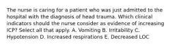 The nurse is caring for a patient who was just admitted to the hospital with the diagnosis of head trauma. Which clinical indicators should the nurse consider as evidence of increasing ICP? Select all that apply. A. Vomiting B. Irritability C. Hypotension D. Increased respirations E. Decreased LOC