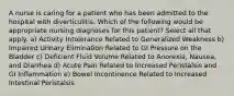 A nurse is caring for a patient who has been admitted to the hospital with diverticulitis. Which of the following would be appropriate nursing diagnoses for this patient? Select all that apply. a) Activity Intolerance Related to Generalized Weakness b) Impaired Urinary Elimination Related to GI Pressure on the Bladder c) Deficient Fluid Volume Related to Anorexia, Nausea, and Diarrhea d) Acute Pain Related to Increased Peristalsis and GI Inflammation e) Bowel Incontinence Related to Increased Intestinal Peristalsis