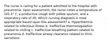 The nurse is caring for a patient admitted to the hospital with pneumonia. Upon assessment, the nurse notes a temperature of 101.4° F, a productive cough with yellow sputum, and a respiratory rate of 20. Which nursing diagnosis is most appropriate based upon this assessment? a. Hyperthermia related to infectious illness b. Ineffective thermoregulation related to chilling c. Ineffective breathing pattern related to pneumonia d. Ineffective airway clearance related to thick secretions