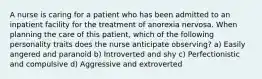 A nurse is caring for a patient who has been admitted to an inpatient facility for the treatment of anorexia nervosa. When planning the care of this patient, which of the following personality traits does the nurse anticipate observing? a) Easily angered and paranoid b) Introverted and shy c) Perfectionistic and compulsive d) Aggressive and extroverted