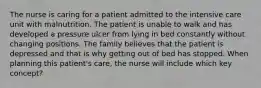 The nurse is caring for a patient admitted to the intensive care unit with malnutrition. The patient is unable to walk and has developed a pressure ulcer from lying in bed constantly without changing positions. The family believes that the patient is depressed and that is why getting out of bed has stopped. When planning this patient's care, the nurse will include which key concept?