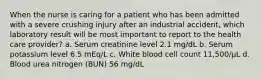 When the nurse is caring for a patient who has been admitted with a severe crushing injury after an industrial accident, which laboratory result will be most important to report to the health care provider? a. Serum creatinine level 2.1 mg/dL b. Serum potassium level 6.5 mEq/L c. White blood cell count 11,500/μL d. Blood urea nitrogen (BUN) 56 mg/dL