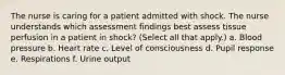 The nurse is caring for a patient admitted with shock. The nurse understands which assessment findings best assess tissue perfusion in a patient in shock? (Select all that apply.) a. Blood pressure b. Heart rate c. Level of consciousness d. Pupil response e. Respirations f. Urine output