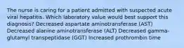 The nurse is caring for a patient admitted with suspected acute viral hepatitis. Which laboratory value would best support this diagnosis? Decreased aspartate aminotransferase (AST) Decreased alanine aminotransferase (ALT) Decreased gamma-glutamyl transpeptidase (GGT) Increased prothrombin time