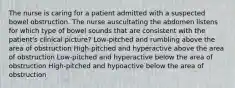 The nurse is caring for a patient admitted with a suspected bowel obstruction. The nurse auscultating the abdomen listens for which type of bowel sounds that are consistent with the patient's clinical picture? Low-pitched and rumbling above the area of obstruction High-pitched and hyperactive above the area of obstruction Low-pitched and hyperactive below the area of obstruction High-pitched and hypoactive below the area of obstruction