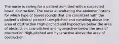 The nurse is caring for a patient admitted with a suspected bowel obstruction. The nurse auscultating the abdomen listens for which type of bowel sounds that are consistent with the patient's clinical picture? Low-pitched and rumbling above the area of obstruction High-pitched and hypoactive below the area of obstruction Low-pitched and hyperactive below the area of obstruction High-pitched and hyperactive above the area of obstruction