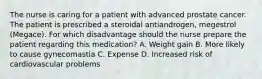 The nurse is caring for a patient with advanced prostate cancer. The patient is prescribed a steroidal antiandrogen, megestrol (Megace). For which disadvantage should the nurse prepare the patient regarding this medication? A. Weight gain B. More likely to cause gynecomastia C. Expense D. Increased risk of cardiovascular problems