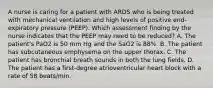 A nurse is caring for a patient with ARDS who is being treated with mechanical ventilation and high levels of positive end-expiratory pressure (PEEP). Which assessment finding by the nurse indicates that the PEEP may need to be reduced? A. The patient's PaO2 is 50 mm Hg and the SaO2 is 88%. B. The patient has subcutaneous emphysema on the upper thorax. C. The patient has bronchial breath sounds in both the lung fields. D. The patient has a first-degree atrioventricular heart block with a rate of 58 beats/min.