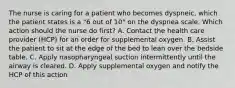 The nurse is caring for a patient who becomes dyspneic, which the patient states is a "6 out of 10" on the dyspnea scale. Which action should the nurse do first? A. Contact the health care provider (HCP) for an order for supplemental oxygen. B. Assist the patient to sit at the edge of the bed to lean over the bedside table. C. Apply nasopharyngeal suction intermittently until the airway is cleared. D. Apply supplemental oxygen and notify the HCP of this action