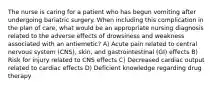 The nurse is caring for a patient who has begun vomiting after undergoing bariatric surgery. When including this complication in the plan of care, what would be an appropriate nursing diagnosis related to the adverse effects of drowsiness and weakness associated with an antiemetic? A) Acute pain related to central nervous system (CNS), skin, and gastrointestinal (GI) effects B) Risk for injury related to CNS effects C) Decreased cardiac output related to cardiac effects D) Deficient knowledge regarding drug therapy