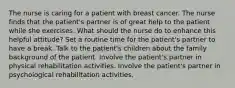 The nurse is caring for a patient with breast cancer. The nurse finds that the patient's partner is of great help to the patient while she exercises. What should the nurse do to enhance this helpful attitude? Set a routine time for the patient's partner to have a break. Talk to the patient's children about the family background of the patient. Involve the patient's partner in physical rehabilitation activities. Involve the patient's partner in psychological rehabilitation activities.