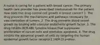 A nurse is caring for a patient with breast cancer. The primary health care provider has prescribed trastuzumab for the patient. How does this drug control cell growth in breast cancer? 1. The drug prevents the mechanisms and pathways necessary for vascularization of tumors. 2. The drug prevents blood vessel growth by binding with vascular endothelial growth factor. 3. The drug inhibits BCR-ABL tyrosine kinase that suppresses proliferation of cancer cells and promotes apoptosis. 4. The drug inhibits the abnormal growth of cells by targeting the human epidermal growth factor receptor2 (HER-2) protein.