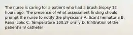 The nurse is caring for a patient who had a brush biopsy 12 hours ago. The presence of what assessment finding should prompt the nurse to notify the physician? A. Scant hematuria B. Renal colic C. Temperature 100.2F orally D. Infiltration of the patient's IV catheter