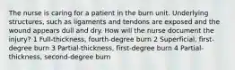 The nurse is caring for a patient in the burn unit. Underlying structures, such as ligaments and tendons are exposed and the wound appears dull and dry. How will the nurse document the injury? 1 Full-thickness, fourth-degree burn 2 Superficial, first-degree burn 3 Partial-thickness, first-degree burn 4 Partial-thickness, second-degree burn