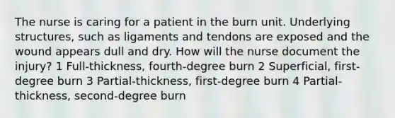 The nurse is caring for a patient in the burn unit. Underlying structures, such as ligaments and tendons are exposed and the wound appears dull and dry. How will the nurse document the injury? 1 Full-thickness, fourth-degree burn 2 Superficial, first-degree burn 3 Partial-thickness, first-degree burn 4 Partial-thickness, second-degree burn