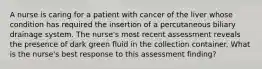 A nurse is caring for a patient with cancer of the liver whose condition has required the insertion of a percutaneous biliary drainage system. The nurse's most recent assessment reveals the presence of dark green fluid in the collection container. What is the nurse's best response to this assessment finding?