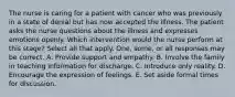 The nurse is caring for a patient with cancer who was previously in a state of denial but has now accepted the illness. The patient asks the nurse questions about the illness and expresses emotions openly. Which intervention would the nurse perform at this stage? Select all that apply. One, some, or all responses may be correct. A. Provide support and empathy. B. Involve the family in teaching information for discharge. C. Introduce only reality. D. Encourage the expression of feelings. E. Set aside formal times for discussion.