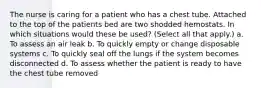 The nurse is caring for a patient who has a chest tube. Attached to the top of the patients bed are two shodded hemostats. In which situations would these be used? (Select all that apply.) a. To assess an air leak b. To quickly empty or change disposable systems c. To quickly seal off the lungs if the system becomes disconnected d. To assess whether the patient is ready to have the chest tube removed