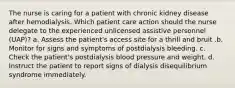 The nurse is caring for a patient with chronic kidney disease after hemodialysis. Which patient care action should the nurse delegate to the experienced unlicensed assistive personnel (UAP)? a. Assess the patient's access site for a thrill and bruit .b. Monitor for signs and symptoms of postdialysis bleeding. c. Check the patient's postdialysis blood pressure and weight. d. Instruct the patient to report signs of dialysis disequilibrium syndrome immediately.