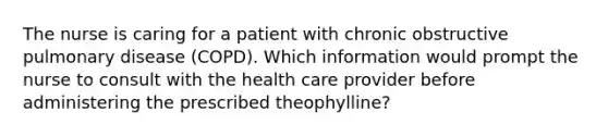 The nurse is caring for a patient with chronic obstructive pulmonary disease (COPD). Which information would prompt the nurse to consult with the health care provider before administering the prescribed theophylline?